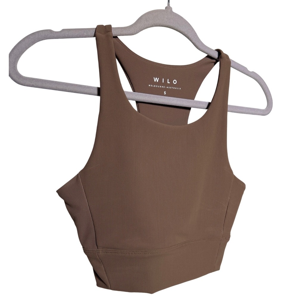 WILO Ribbed Racerback Crop Tank Top Latte Brown Women's Size S Retail: $48‎ EUC